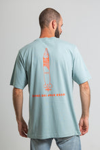 Load image into Gallery viewer, The Torpedo-shaped Pike t-shirt is a Holland orange design printed on a sea foam coloured t-shirt. 100% Combed Organic Cotton  

