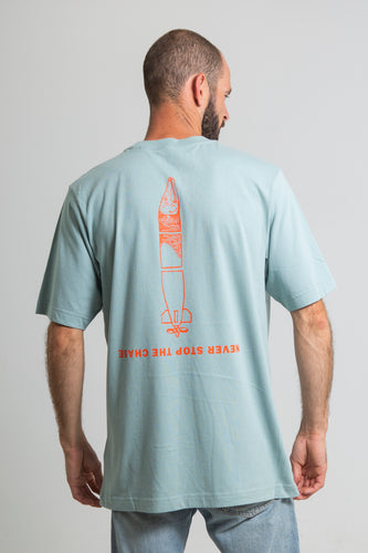 The Torpedo-shaped Pike t-shirt is a Holland orange design printed on a sea foam coloured t-shirt. 100% Combed Organic Cotton  